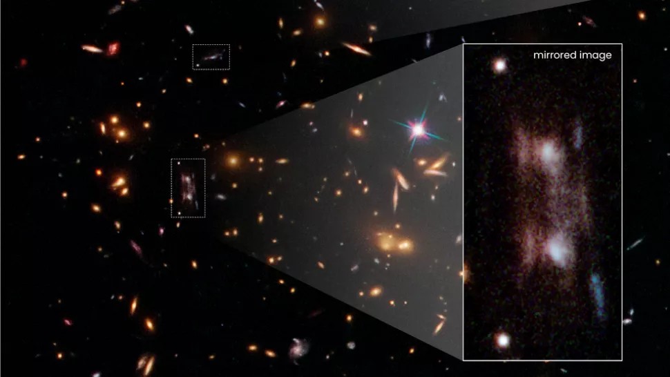 Las imágenes se pueden ver aquí como dos galaxias en espejo de cerca en el centro de la imagen y una tercera imagen más arriba. (Crédito de la imagen: Joseph DePasquale)