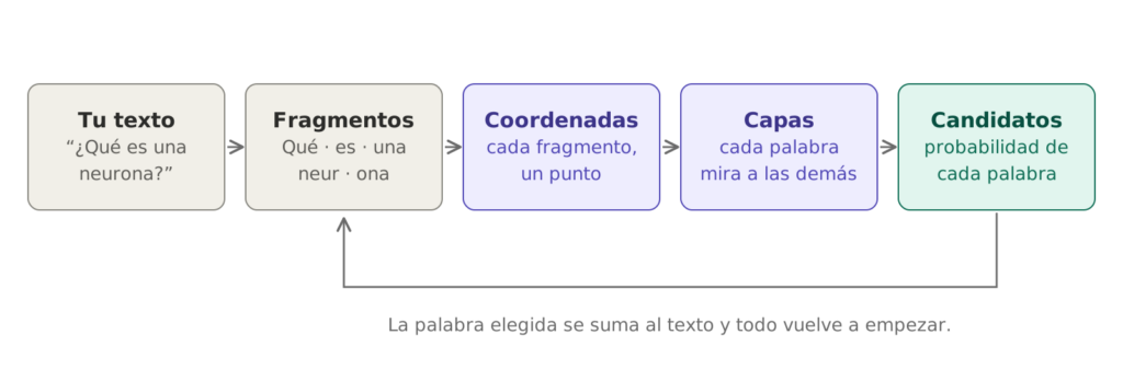 Cinco cajas en fila unidas por flechas: tu texto, fragmentos, coordenadas, capas y candidatos; una flecha vuelve desde candidatos hasta fragmentos para indicar que el proceso se repite.